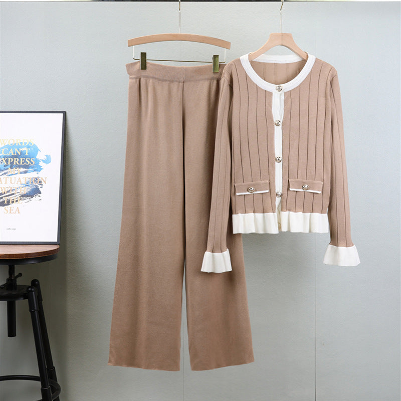 Flared Long-sleeved Knitted Cardigan Suit Women's Fashion Sweater Wide-leg Pants