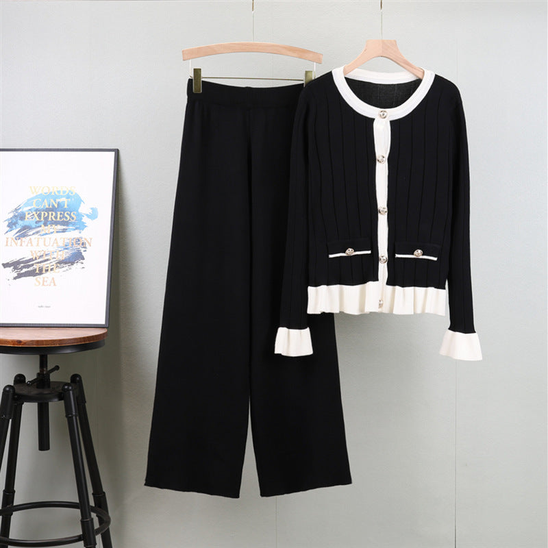 Flared Long-sleeved Knitted Cardigan Suit Women's Fashion Sweater Wide-leg Pants
