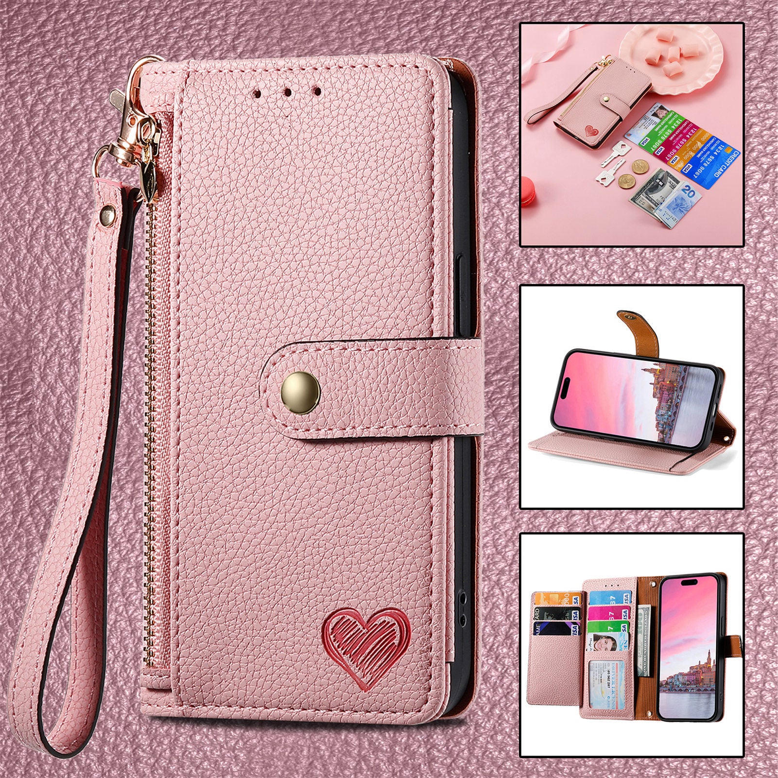 Love Sleeve PU Litchi Pattern RFID Anti-theft Swiping Lanyard Phone Case