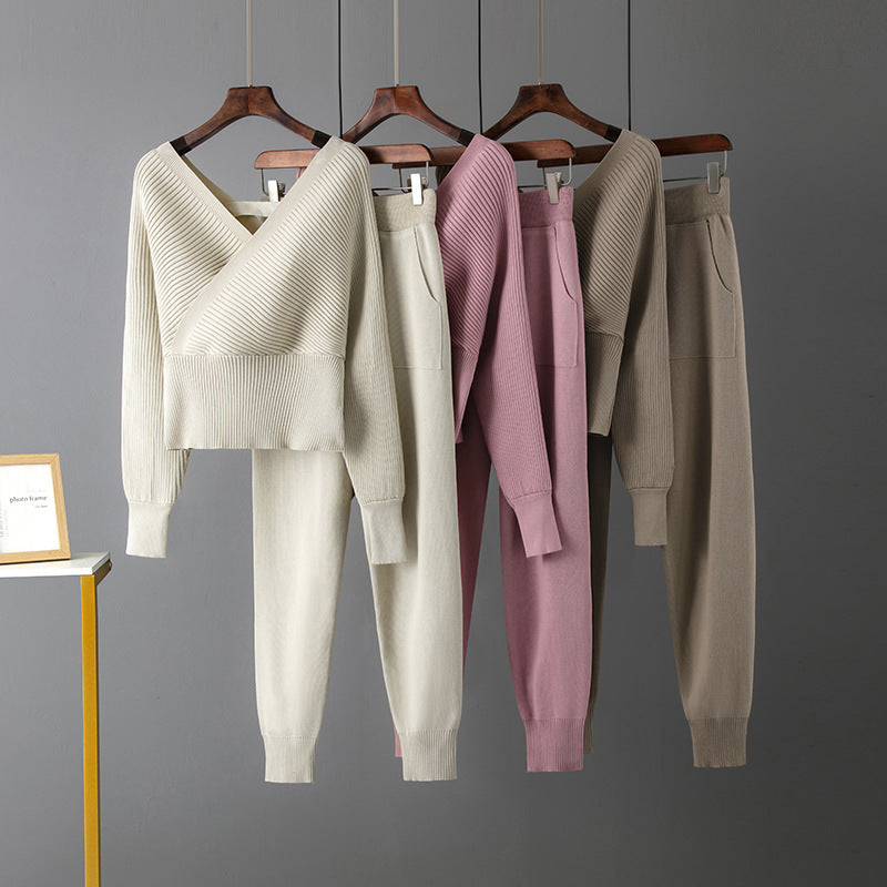 Sexy V-neck Sweater Casual Sports Pants Two-piece Set For Women