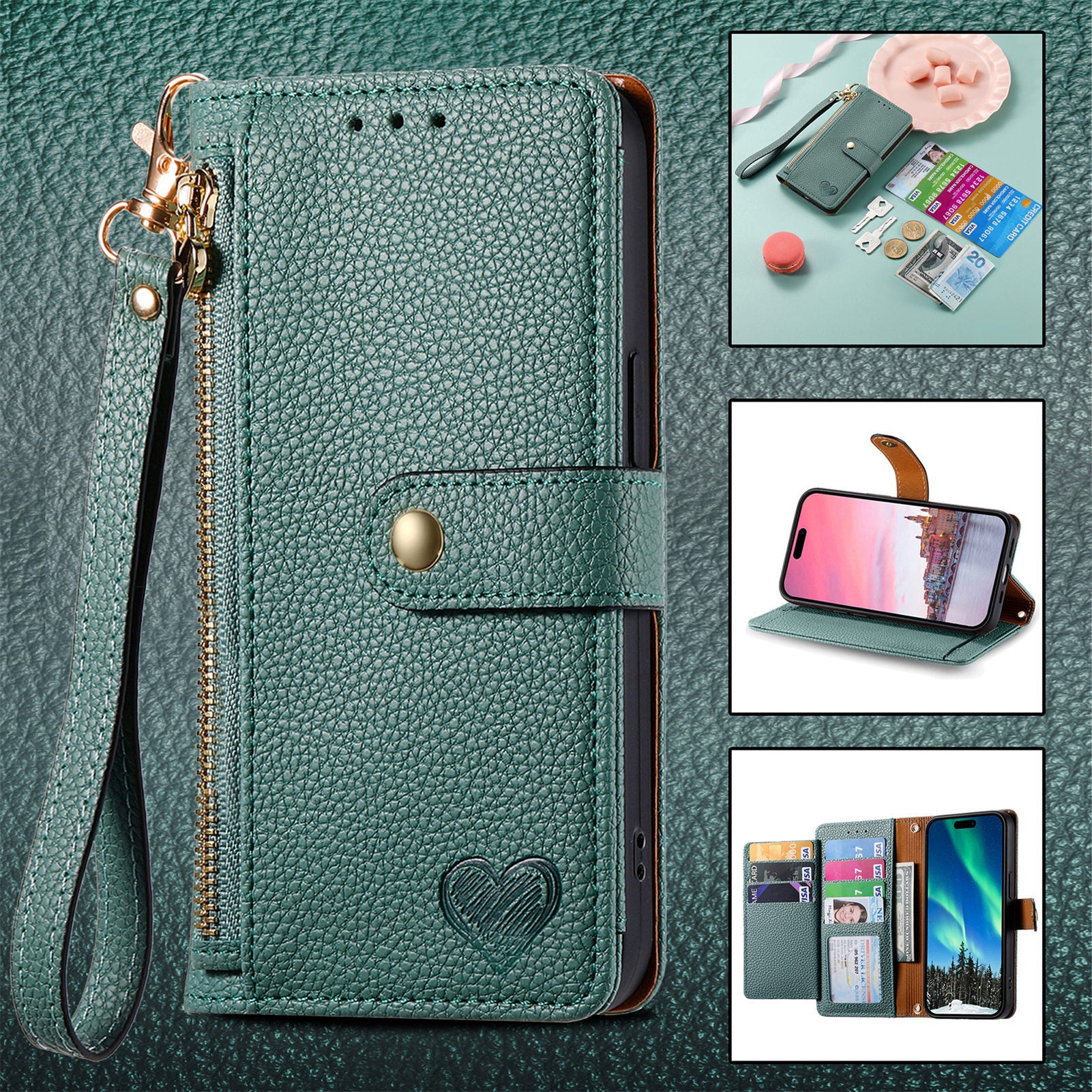 Love Sleeve PU Litchi Pattern RFID Anti-theft Swiping Lanyard Phone Case