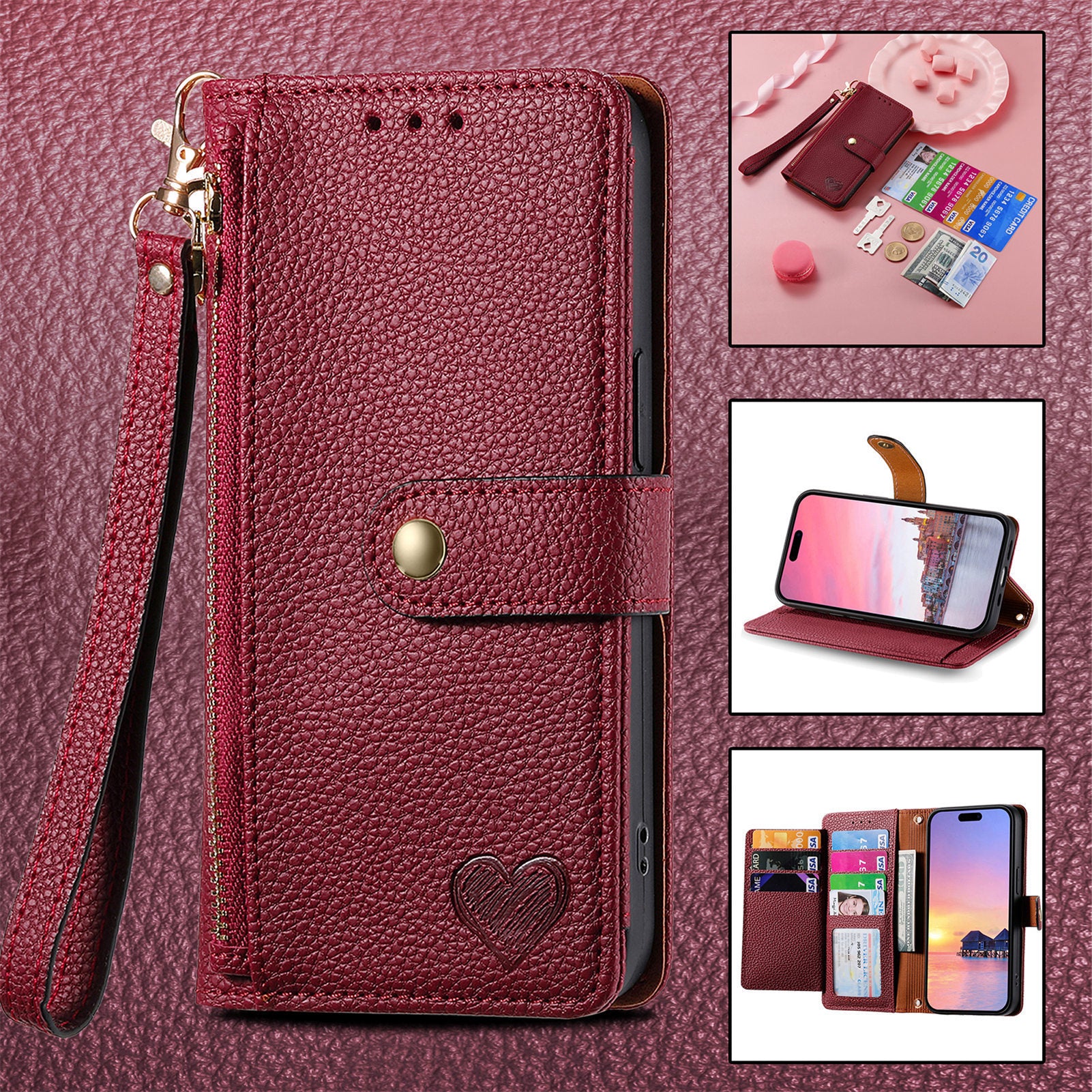 Love Sleeve PU Litchi Pattern RFID Anti-theft Swiping Lanyard Phone Case
