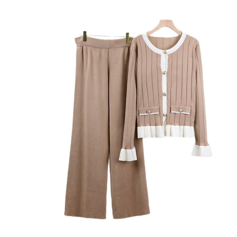 Flared Long-sleeved Knitted Cardigan Suit Women's Fashion Sweater Wide-leg Pants