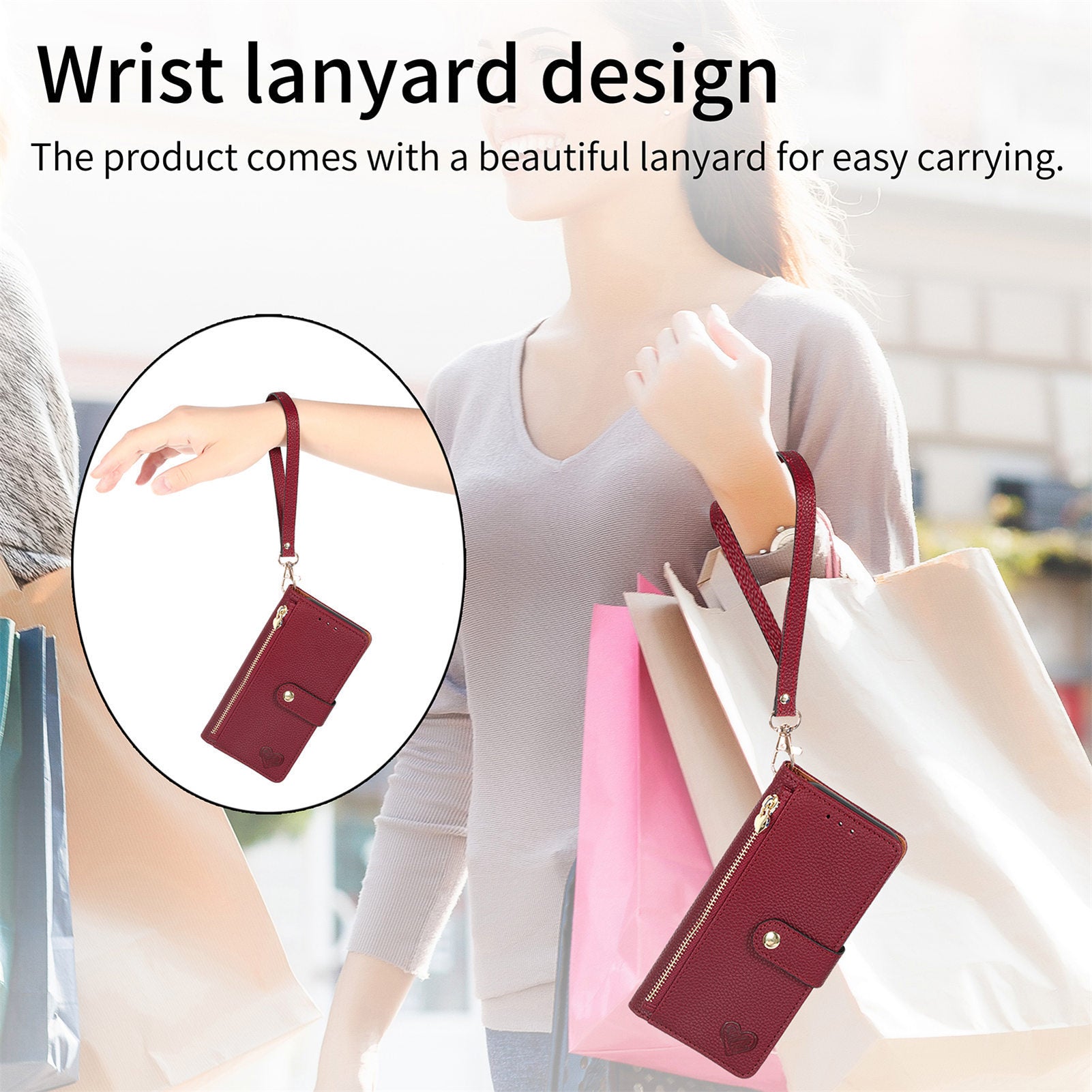 Love Sleeve PU Litchi Pattern RFID Anti-theft Swiping Lanyard Phone Case