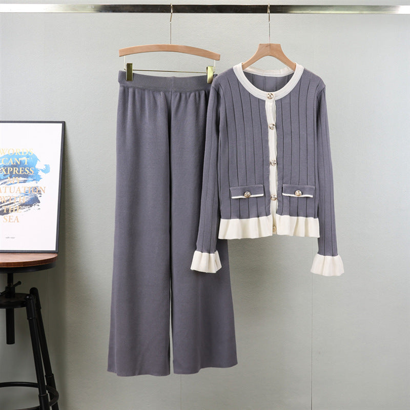 Flared Long-sleeved Knitted Cardigan Suit Women's Fashion Sweater Wide-leg Pants