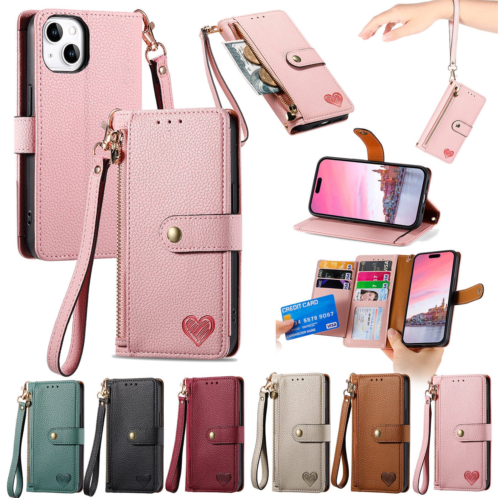 Love Sleeve PU Litchi Pattern RFID Anti-theft Swiping Lanyard Phone Case