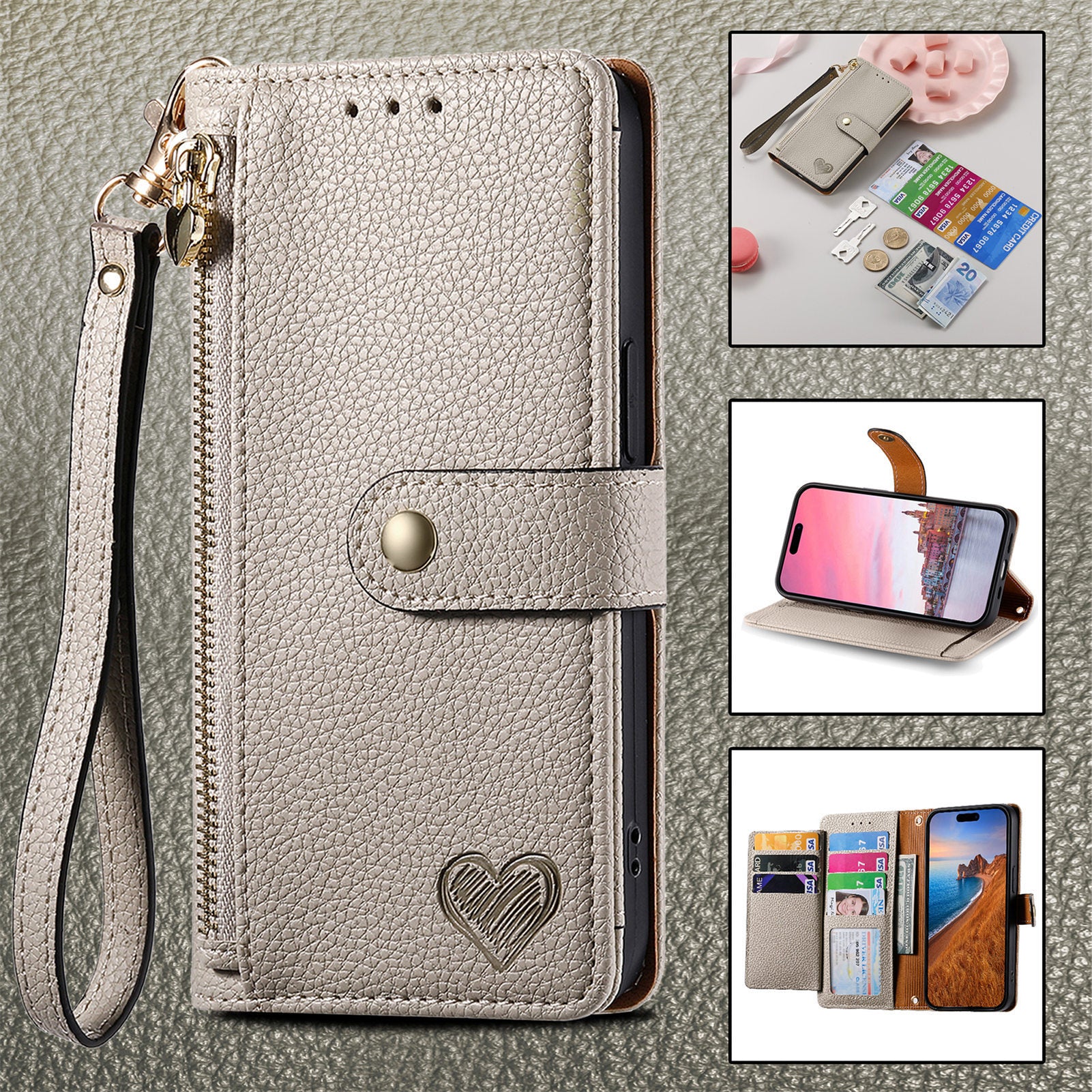 Love Sleeve PU Litchi Pattern RFID Anti-theft Swiping Lanyard Phone Case