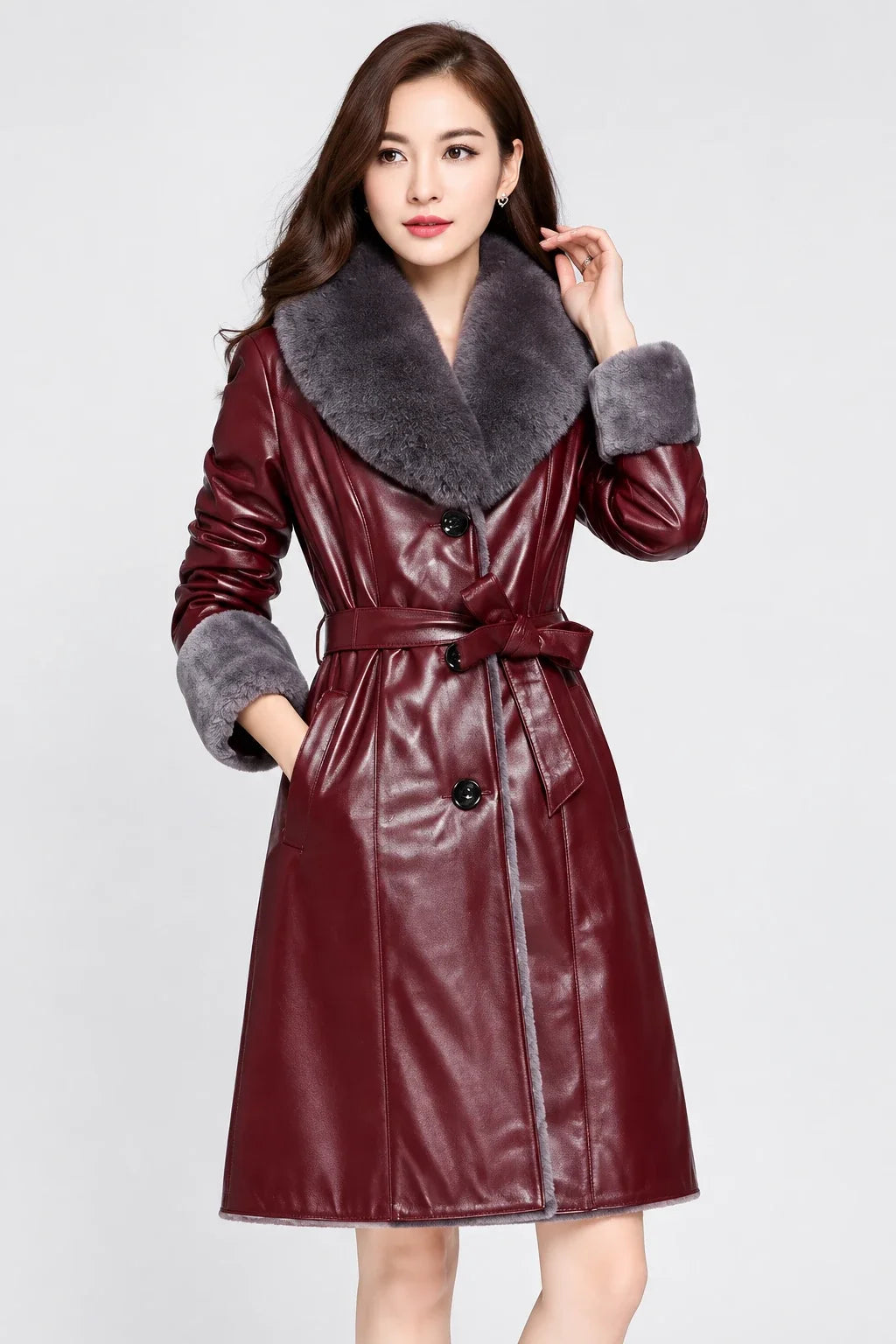 Women's Fleece Lapel Collar Long Trench Coat Jacket