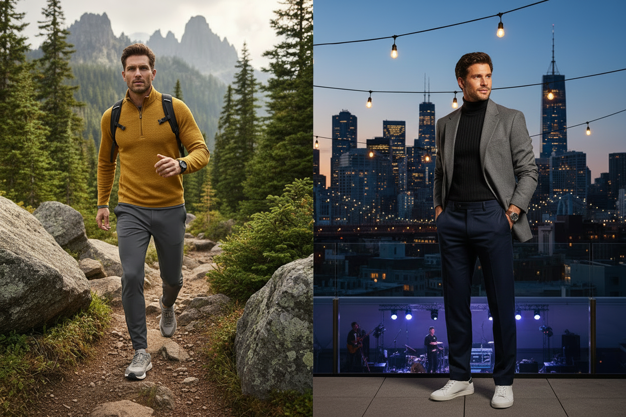 Man in flannel, cargo pants, and hiking boots on an autumn forest trail