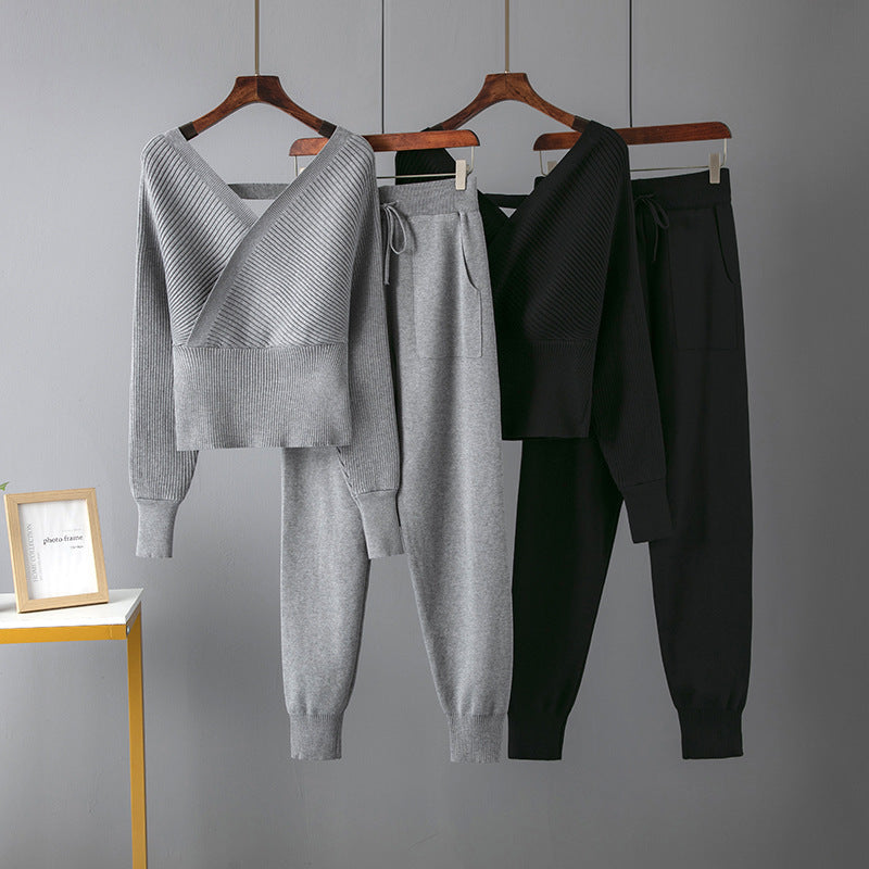 Sexy V-neck Sweater Casual Sports Pants Two-piece Set For Women