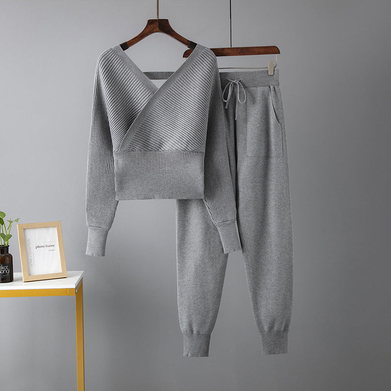Sexy V-neck Sweater Casual Sports Pants Two-piece Set For Women