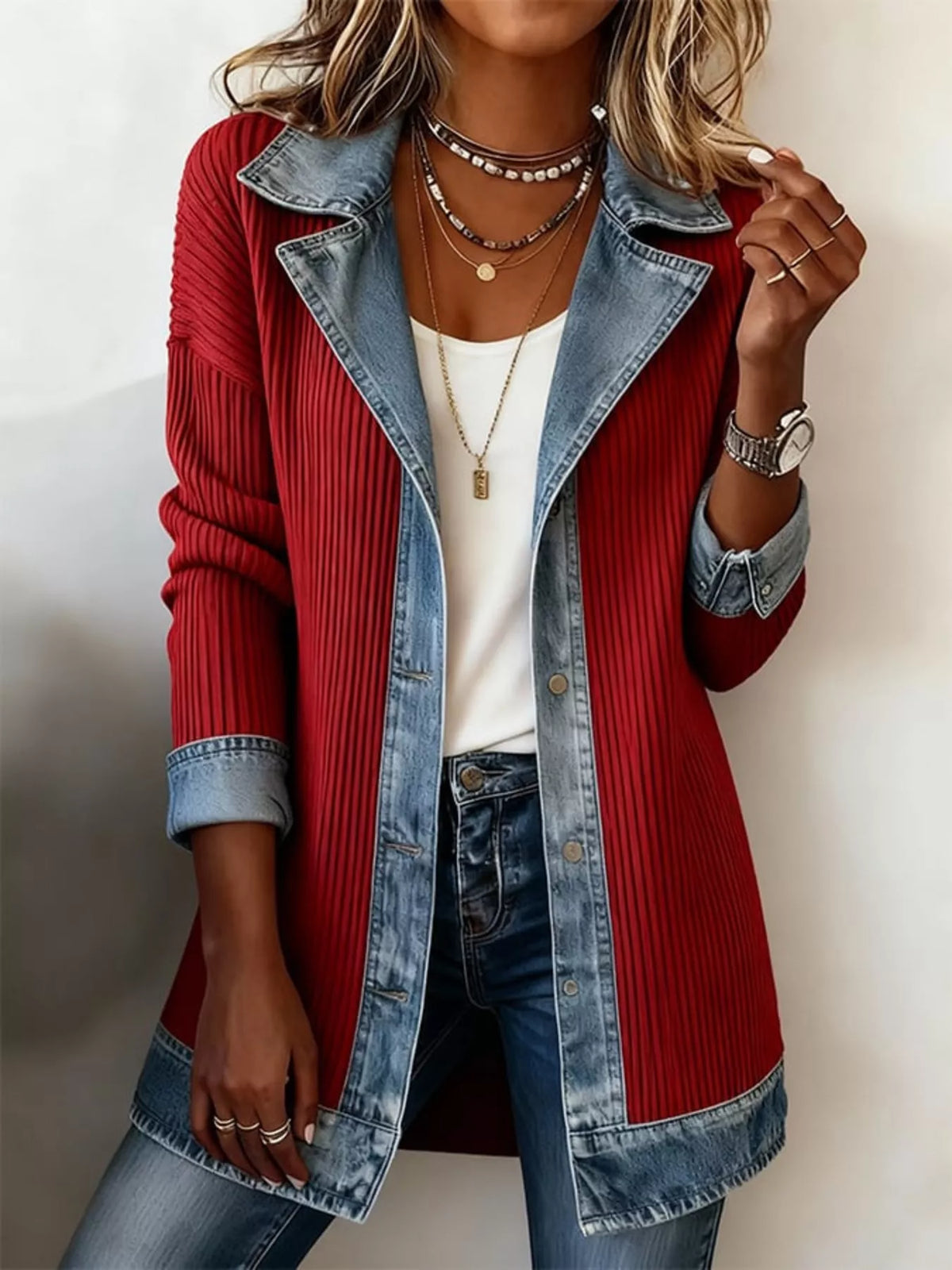 Full Size Denim Trim Ribbed Knit Jacket