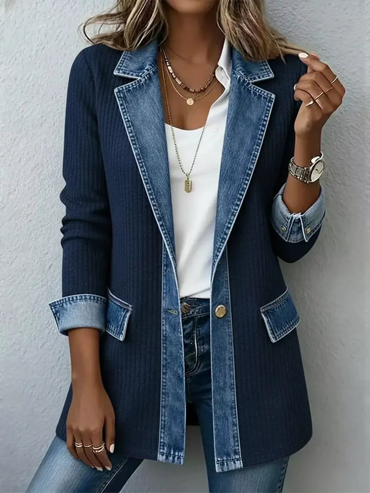 Full Size Denim Trim Ribbed Knit Jacket