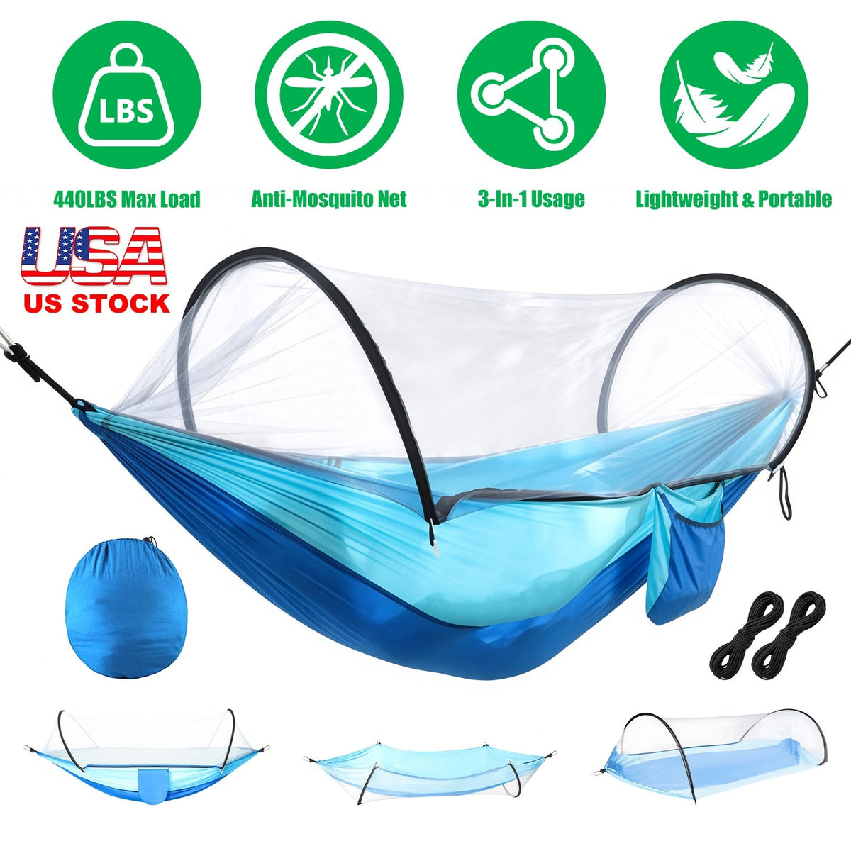 Camping Hammock with Mosquito Net - 440lbs Capacity Portable