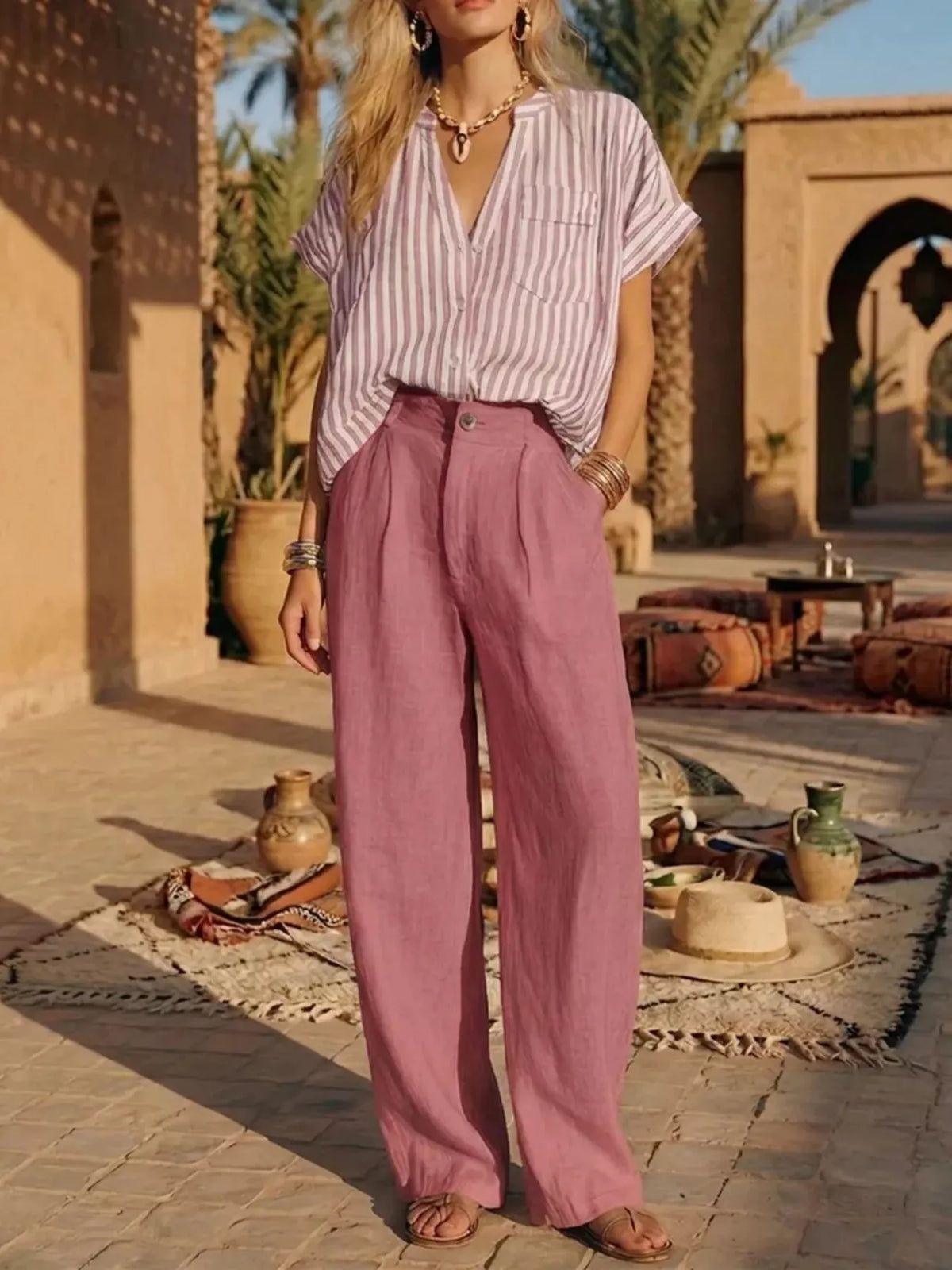 Full Size Striped Button Up Shirt and Pants Set