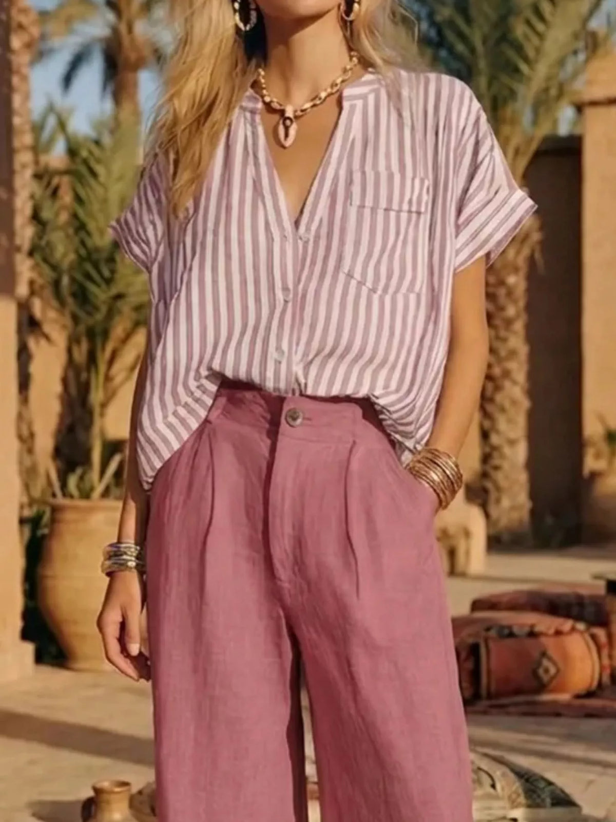 Full Size Striped Button Up Shirt and Pants Set