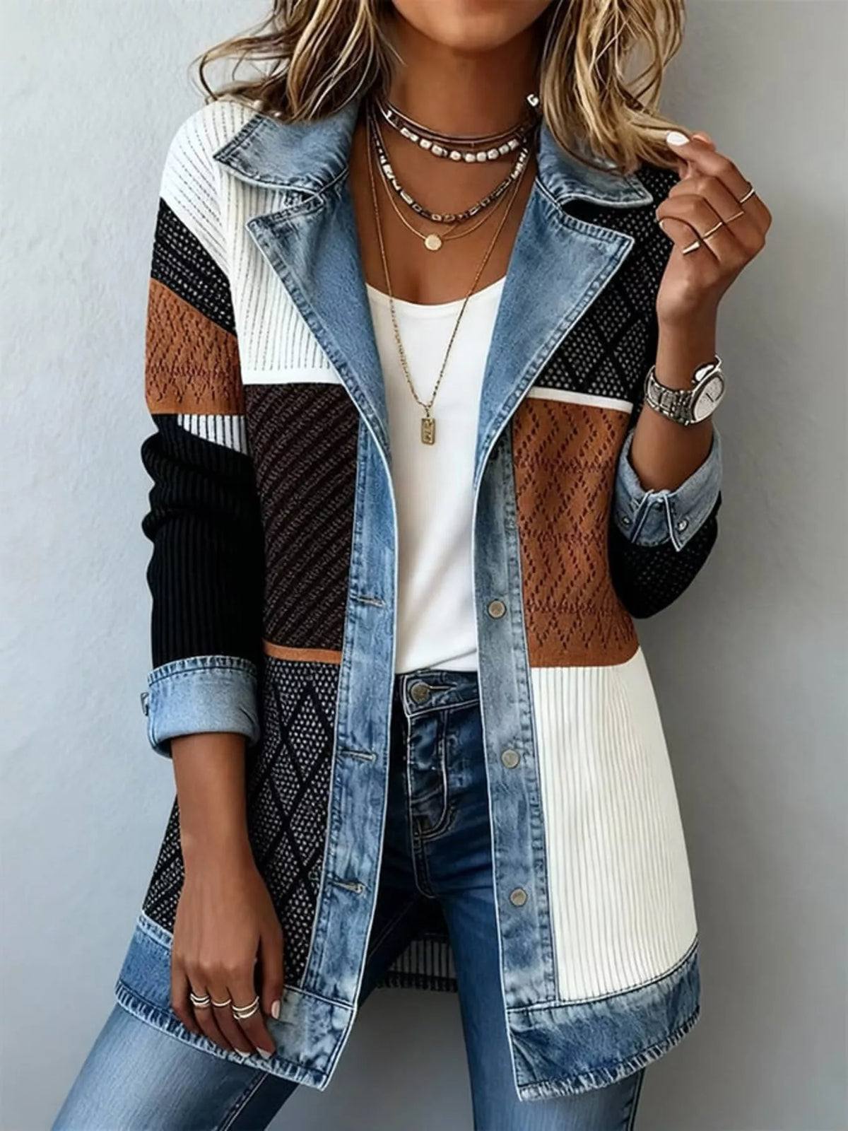 Full Size Denim Trim Ribbed Knit Jacket
