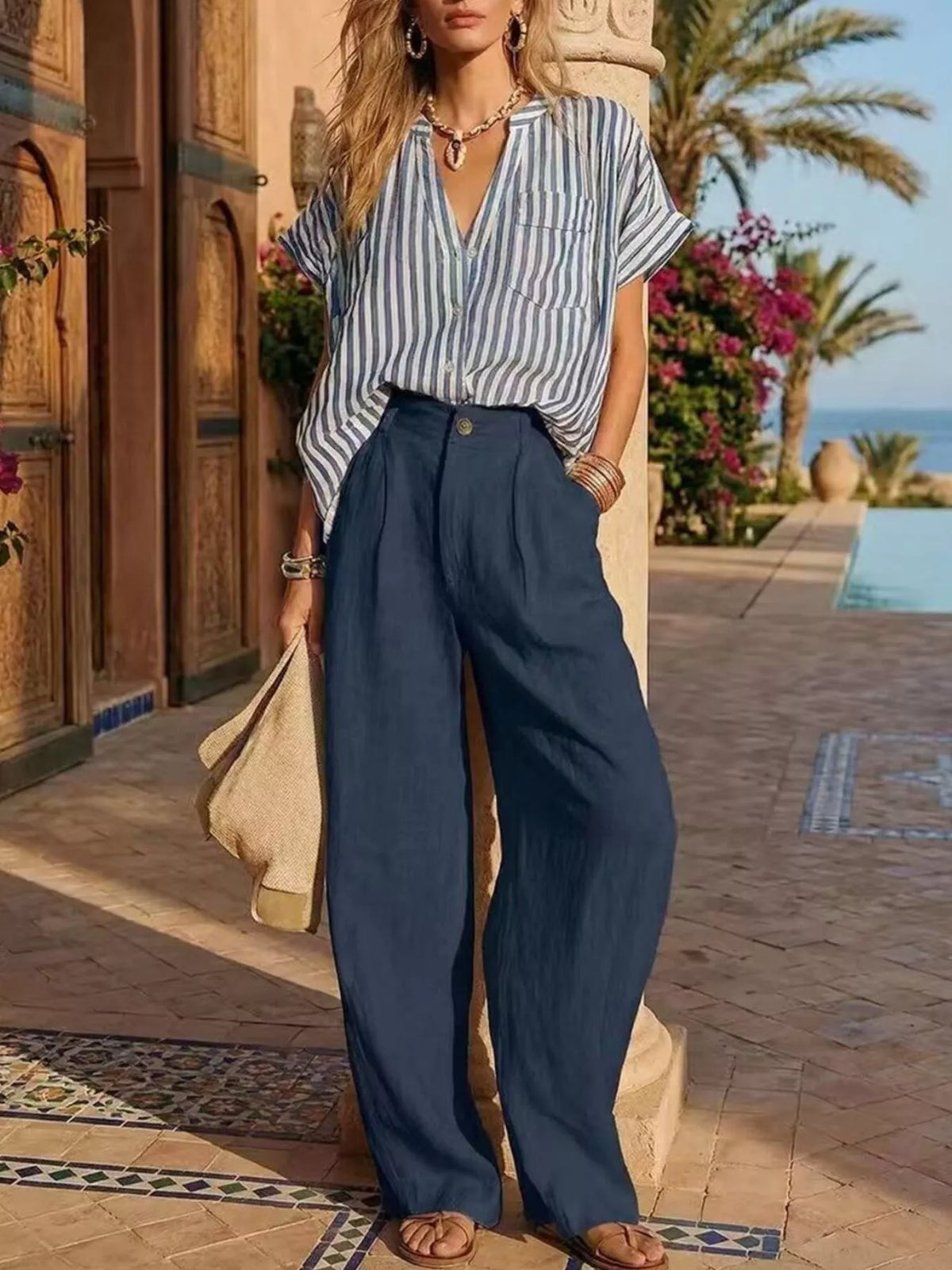 Full Size Striped Button Up Shirt and Pants Set