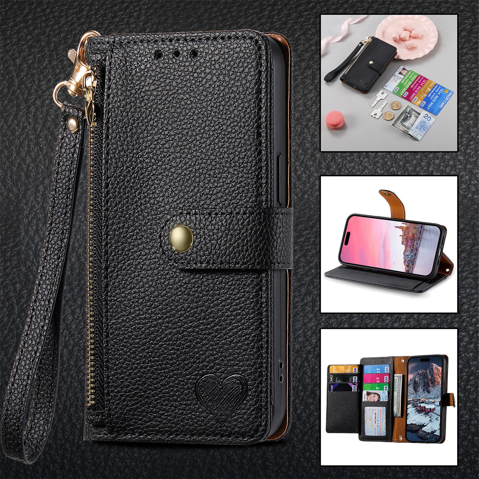 Love Sleeve PU Litchi Pattern RFID Anti-theft Swiping Lanyard Phone Case
