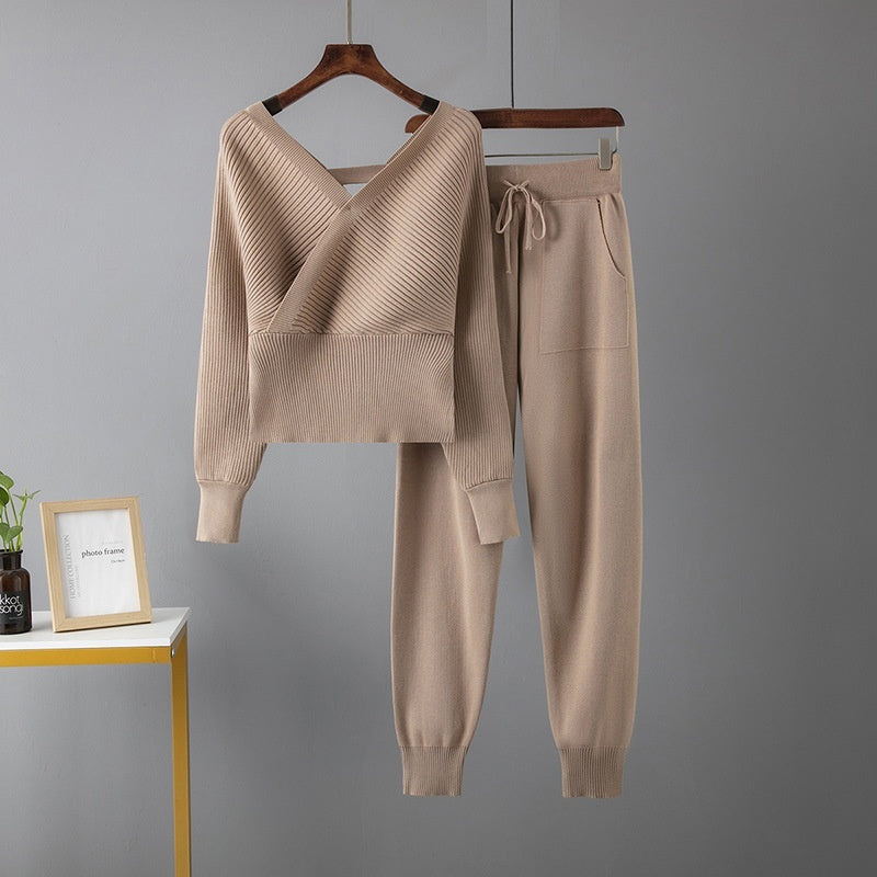Sexy V-neck Sweater Casual Sports Pants Two-piece Set For Women