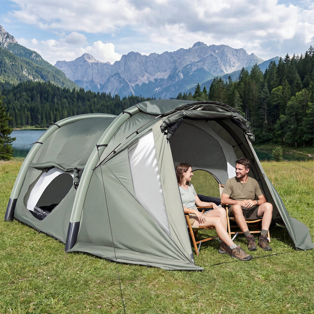 5-7 Person Inflatable Camping Tent with Screened Porch-Green