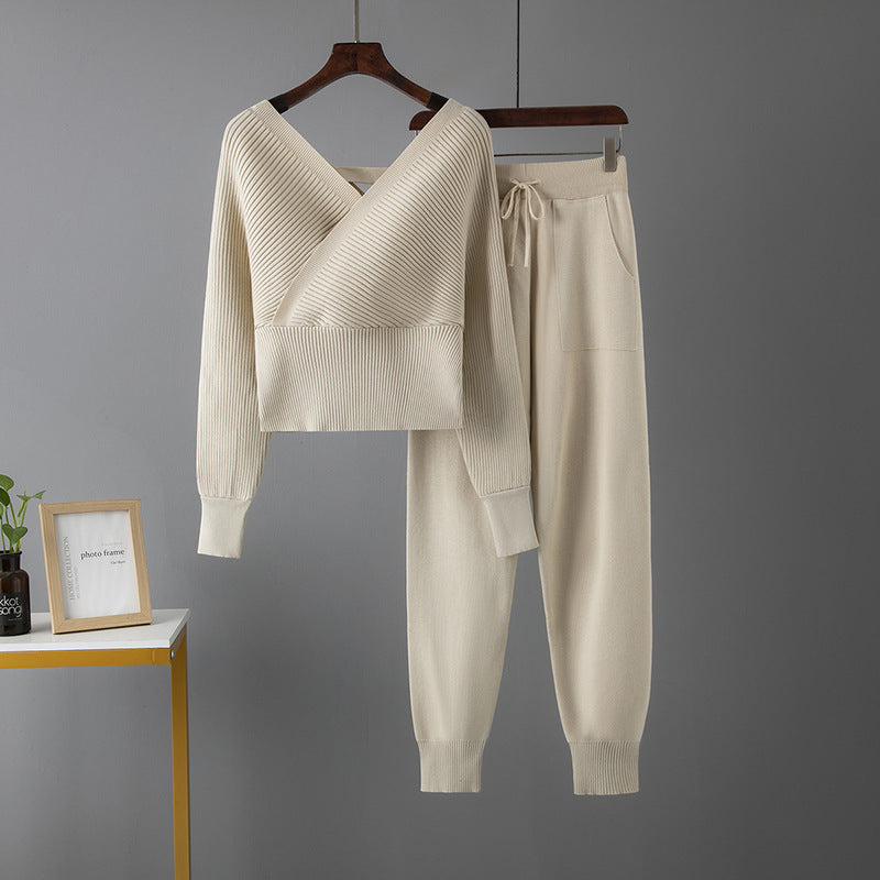 Sexy V-neck Sweater Casual Sports Pants Two-piece Set For Women
