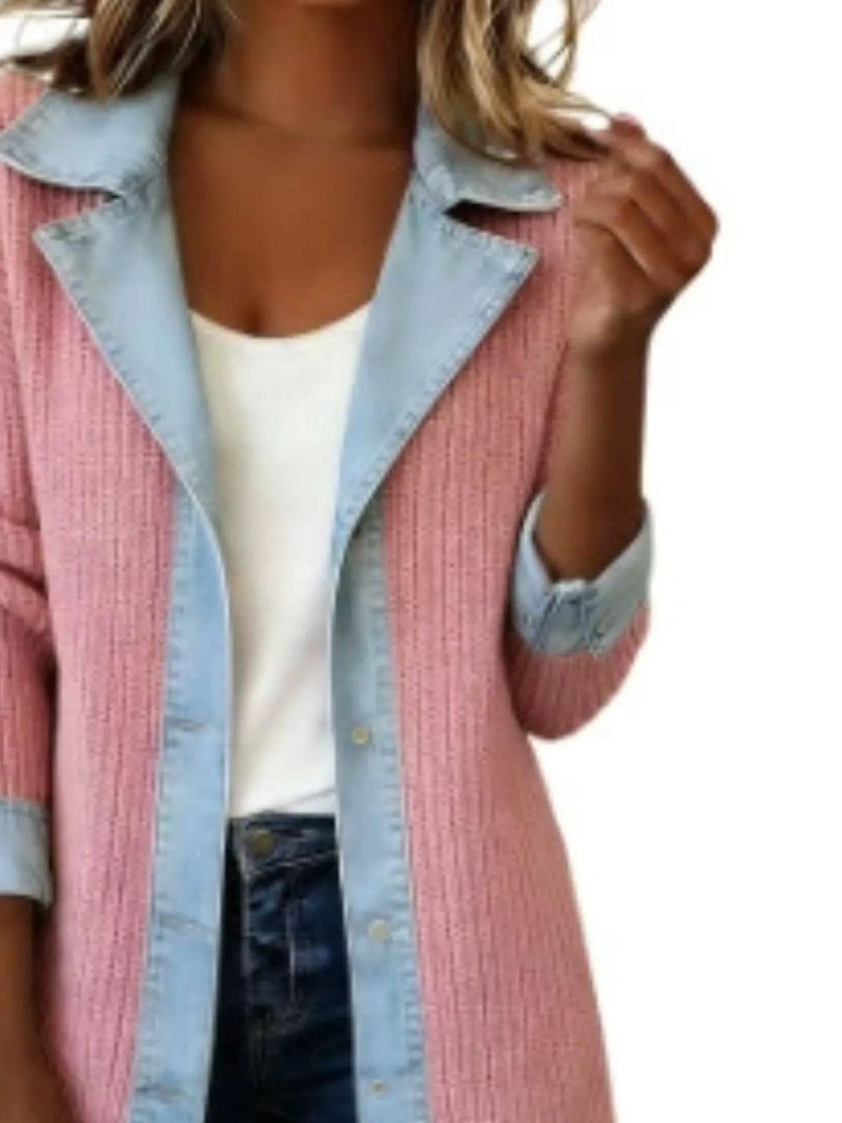 Full Size Denim Trim Ribbed Knit Jacket