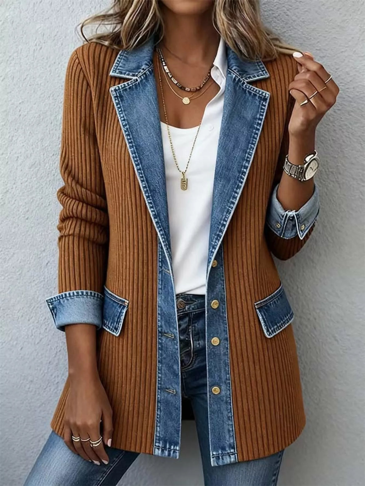 Full Size Denim Trim Ribbed Knit Jacket
