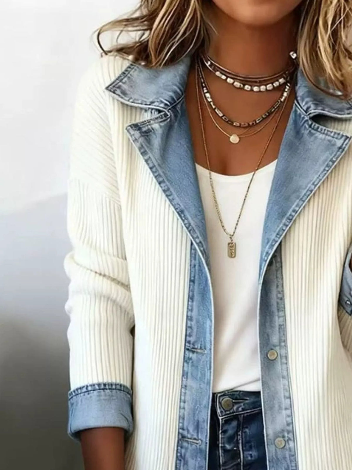 Full Size Denim Trim Ribbed Knit Jacket