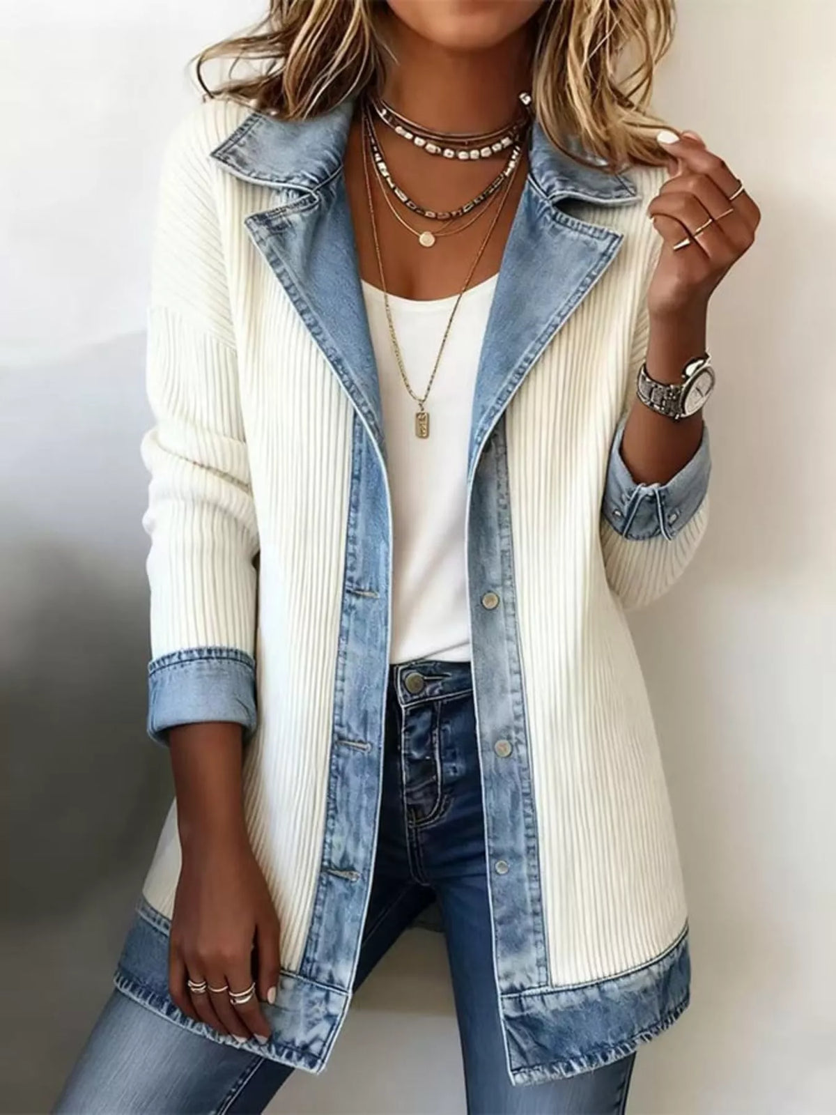 Full Size Denim Trim Ribbed Knit Jacket