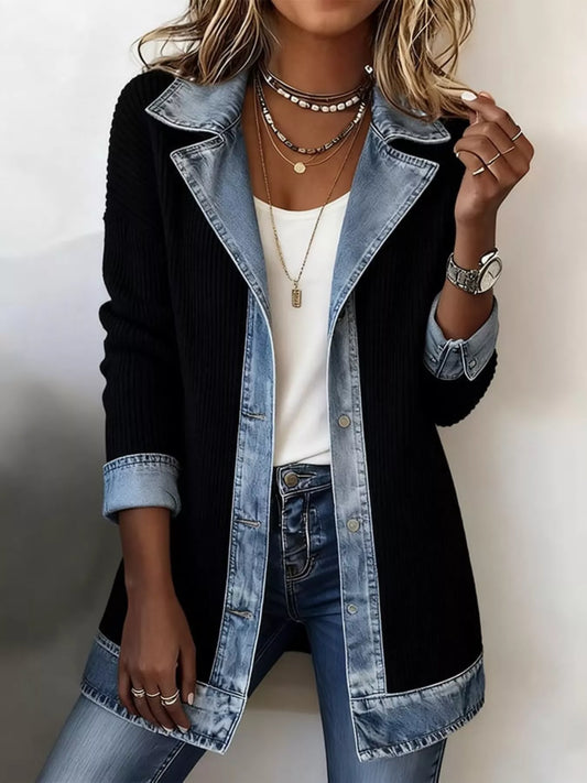 Full Size Denim Trim Ribbed Knit Jacket