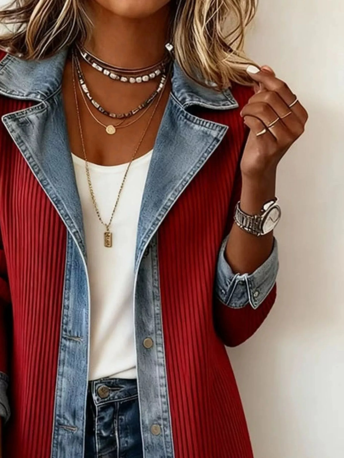 Full Size Denim Trim Ribbed Knit Jacket