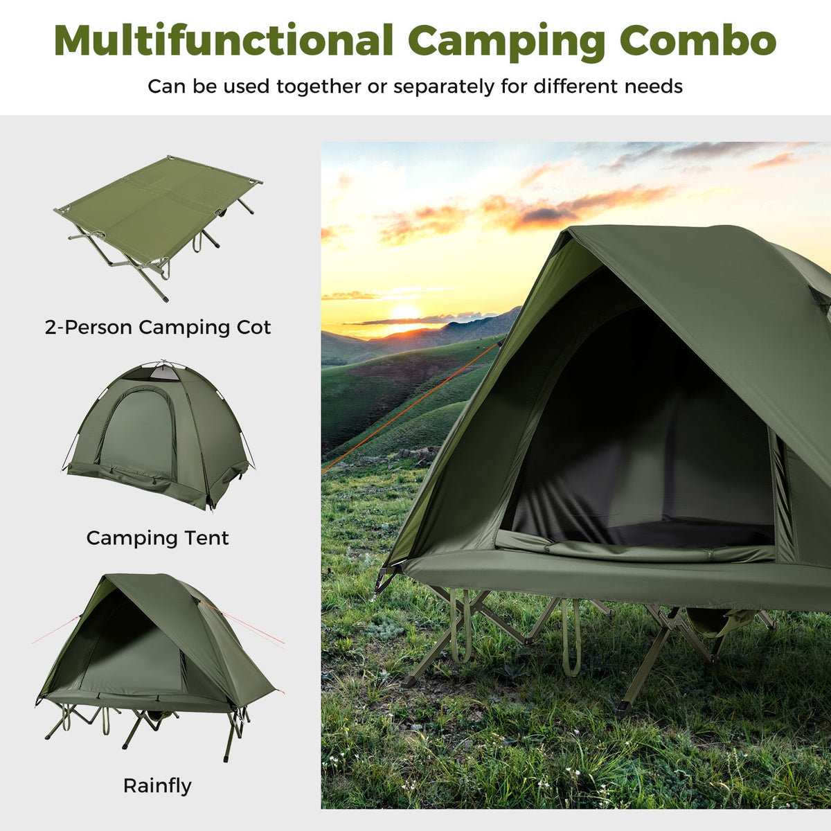 2-Person Camping Cot Tent Foldable Off-Ground Camping Combo for Adults