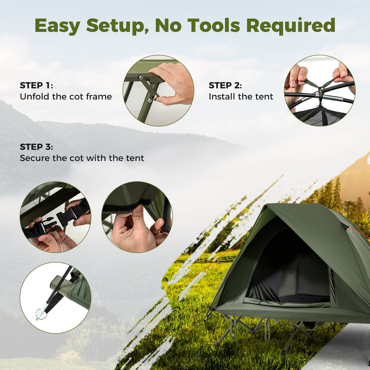 2-Person Camping Cot Tent Foldable Off-Ground Camping Combo for Adults