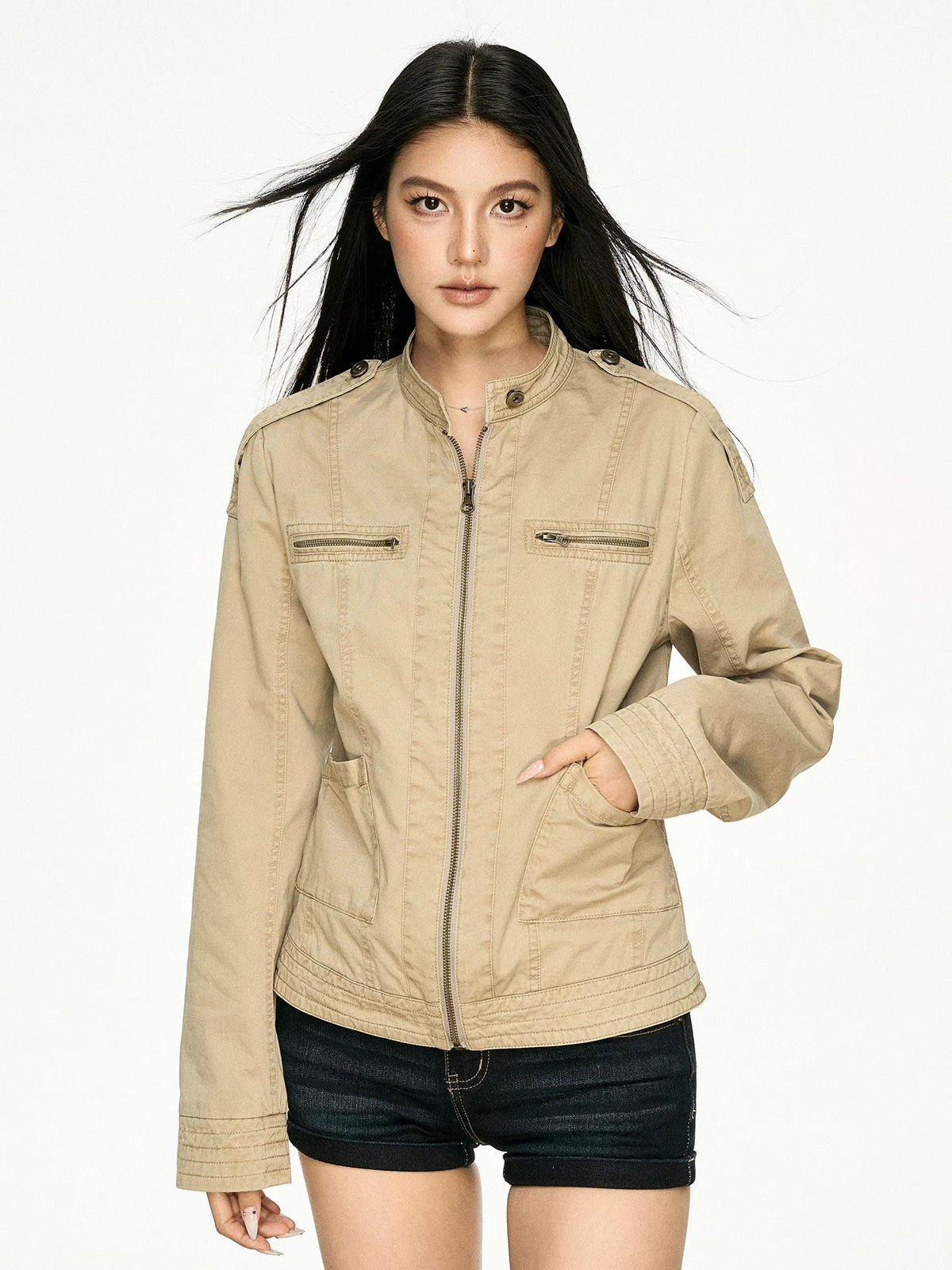 Retro Distressed Stand Collar Cropped Jacket