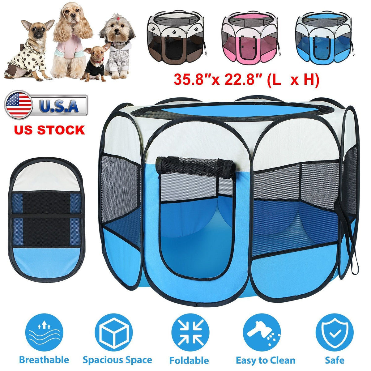 Portable Foldable Pet Tent Exercise Pen Kennel Removable Zipper Top and Bottom Water Resistant Indoor Outdoor Use For Dogs Cats Other Pets