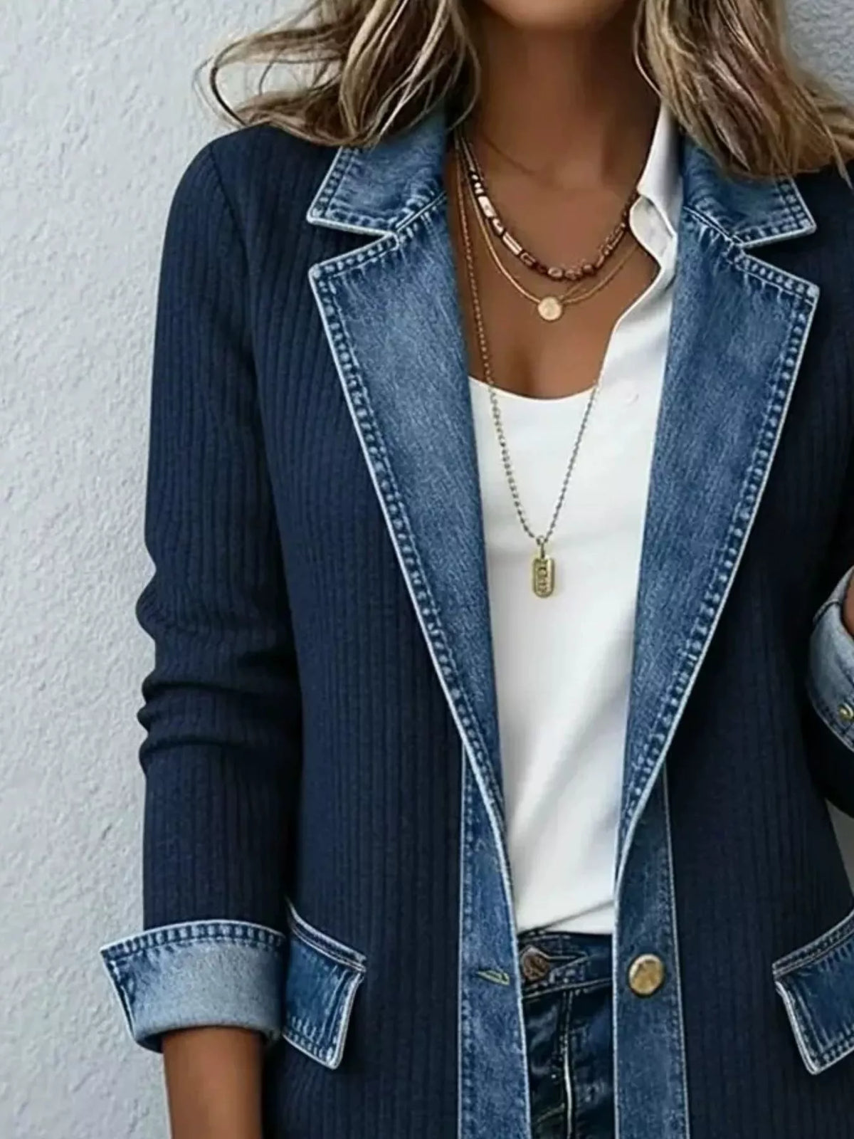 Full Size Denim Trim Ribbed Knit Jacket