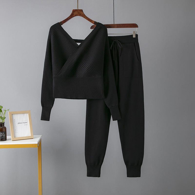 Sexy V-neck Sweater Casual Sports Pants Two-piece Set For Women