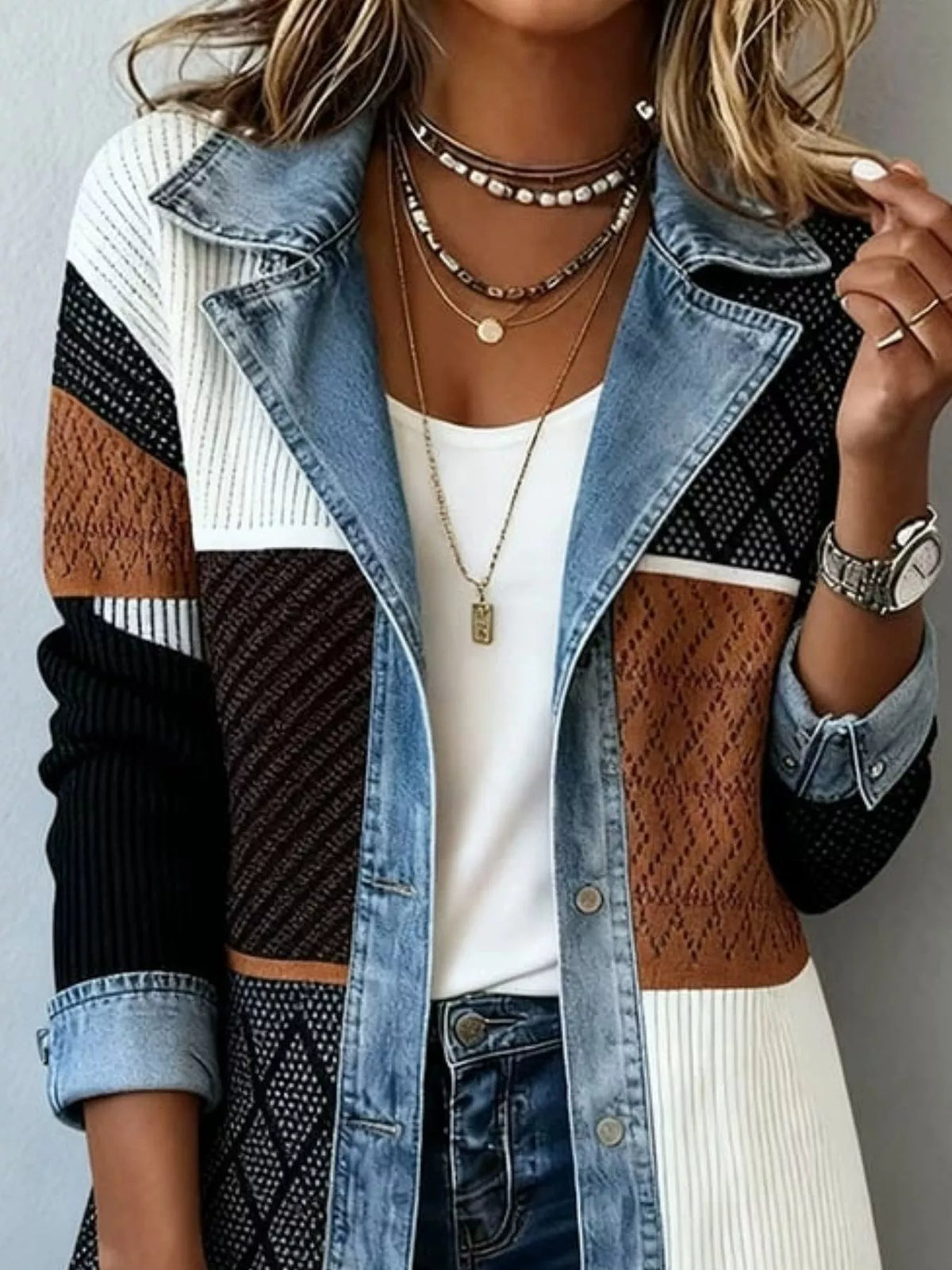 Full Size Denim Trim Ribbed Knit Jacket