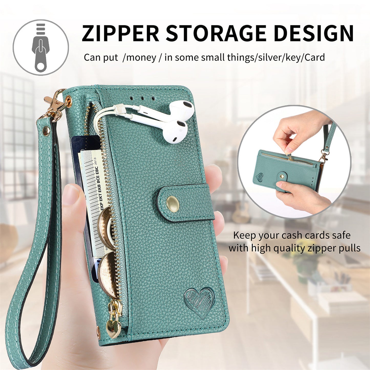 Love Sleeve PU Litchi Pattern RFID Anti-theft Swiping Lanyard Phone Case