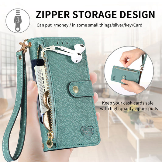 Love Sleeve PU Litchi Pattern RFID Anti-theft Swiping Lanyard Phone Case