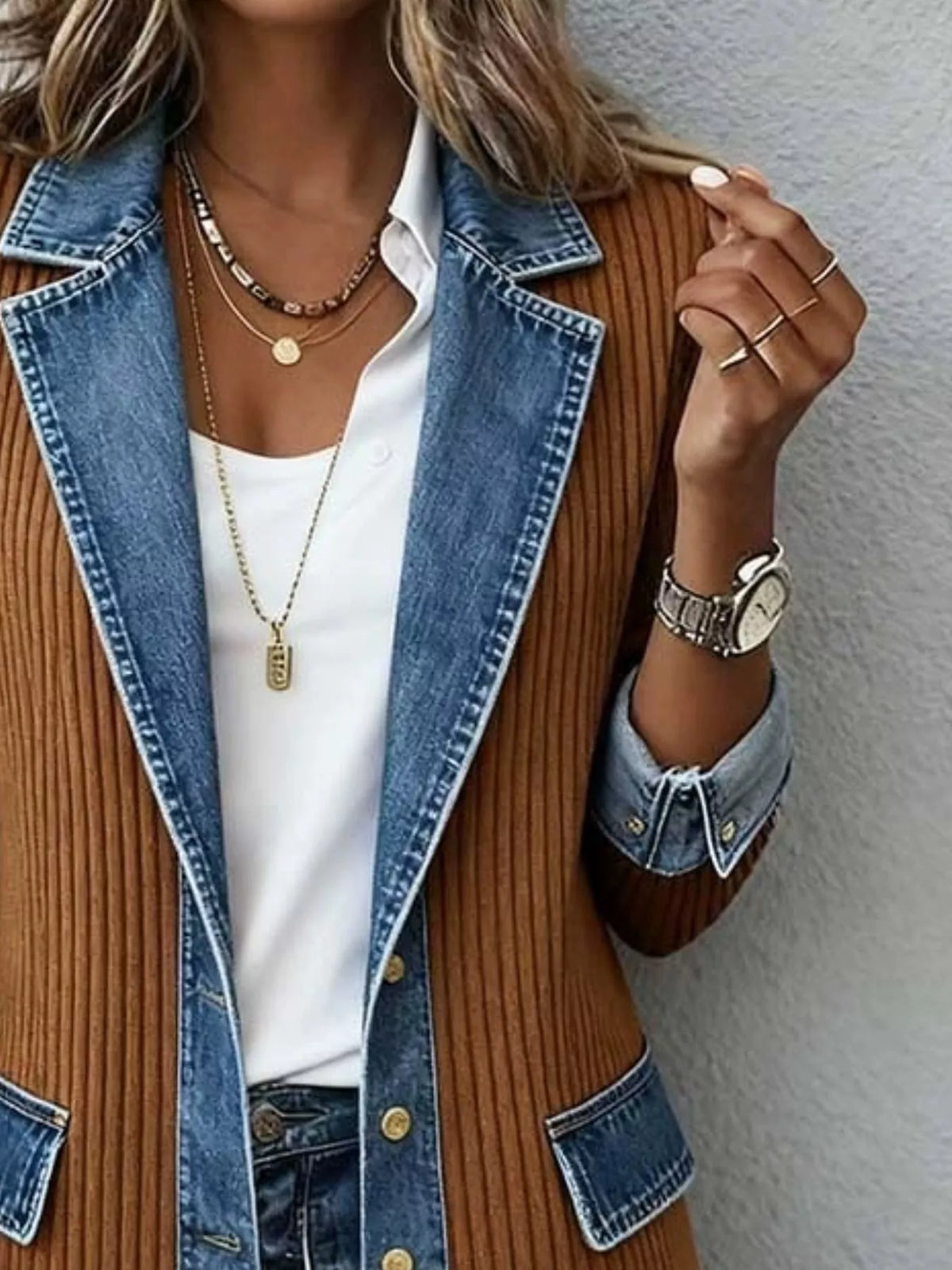 Full Size Denim Trim Ribbed Knit Jacket