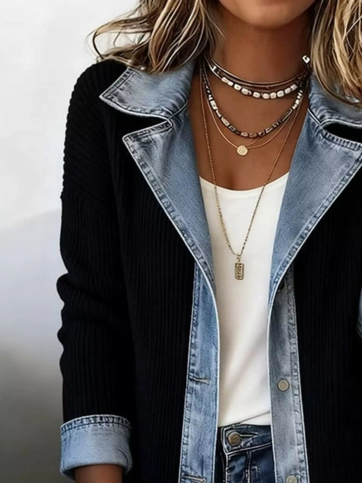 Full Size Denim Trim Ribbed Knit Jacket