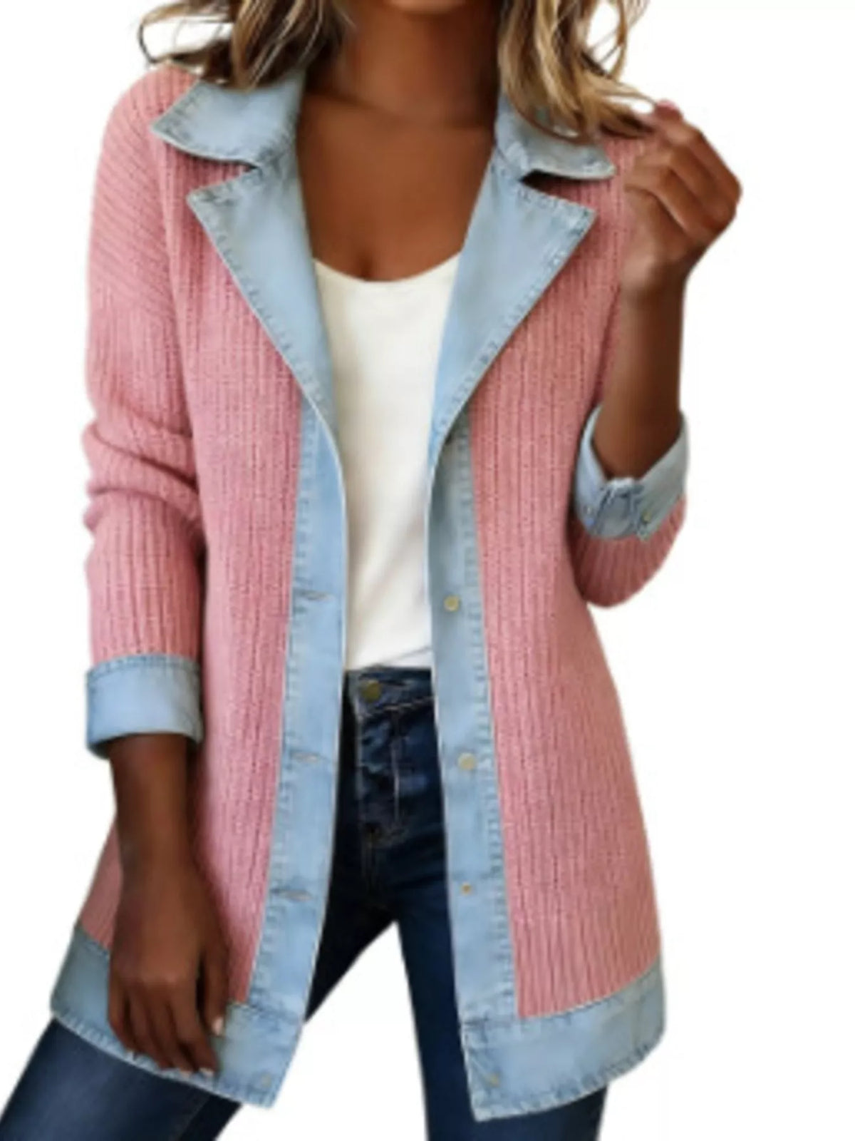 Full Size Denim Trim Ribbed Knit Jacket
