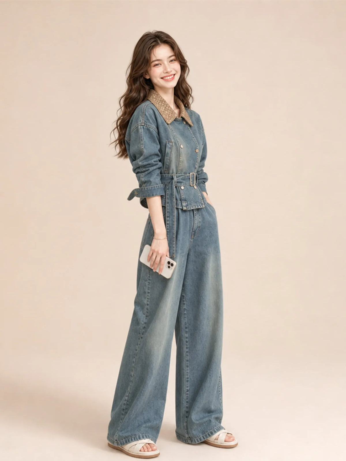 Women's Casual Retro Denim Jacket and High Waist Trousers Set