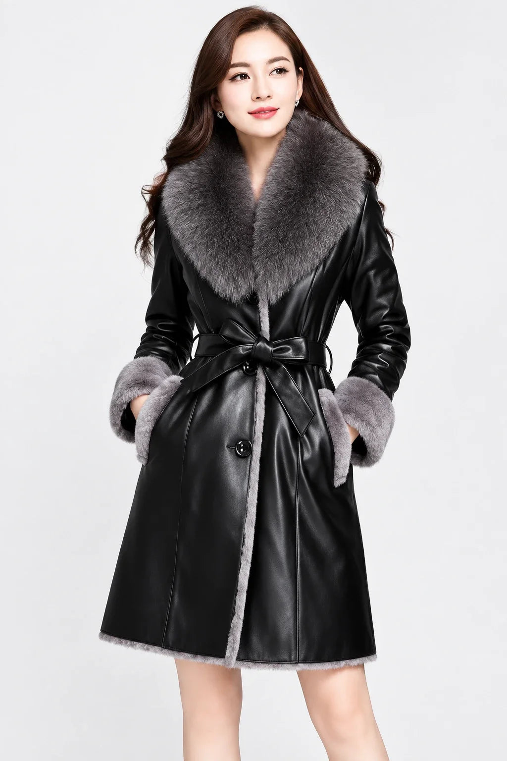 Women's Fleece Lapel Collar Long Trench Coat Jacket