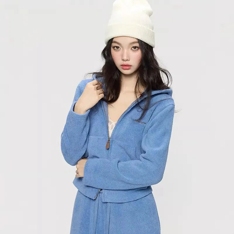 Women's Knitted Hooded Cardigan Jacket and Trousers Tracksuit Set