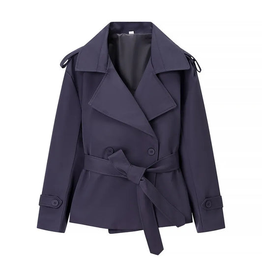 Women's Solid Color Belted Short Trench Coat Jacket